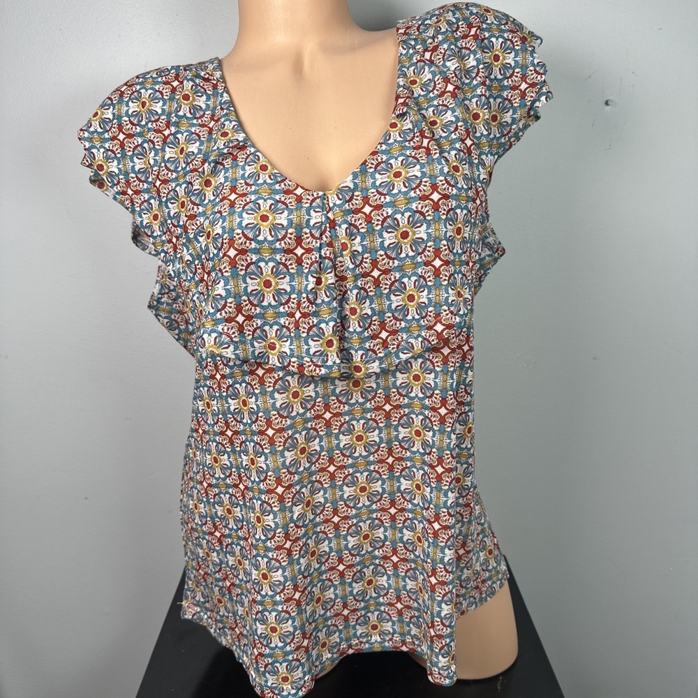 Amang NY Top Womens XL Peasant Boho V-neck Cap Sleeve Stretch‎ Colorful